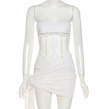 Two Piece Suit Velvet Patchwork Sexy Zip Up Corsets Top+Bandage Mini Skirt